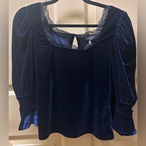 Killstar Women's Navy Velvet Top with Blace Lace Trim